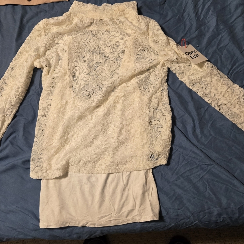 Open Edit Ivory Lace Mock Neck Long Sleeve Top & Cami Set